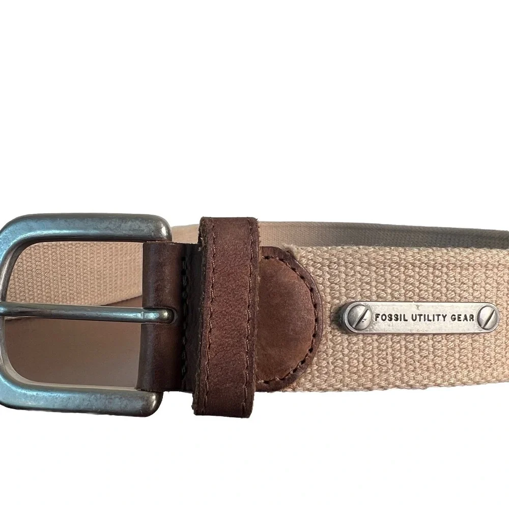 Fossil Utility Gear Mens Khaki Canvas Webbing Leather Belt Size 40 MB4064250